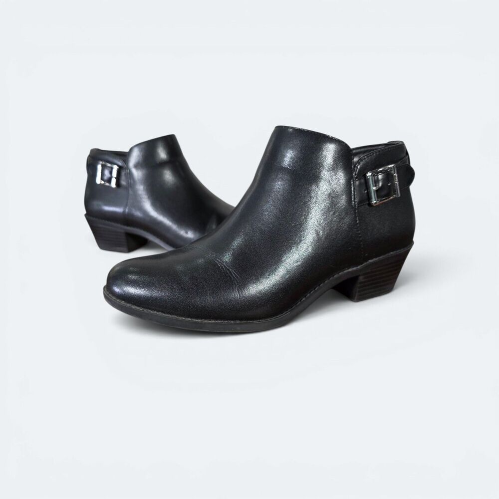 Vionic Women's Millie Black Leather Ankle Boots Buckle Side Zip Block Heel 8